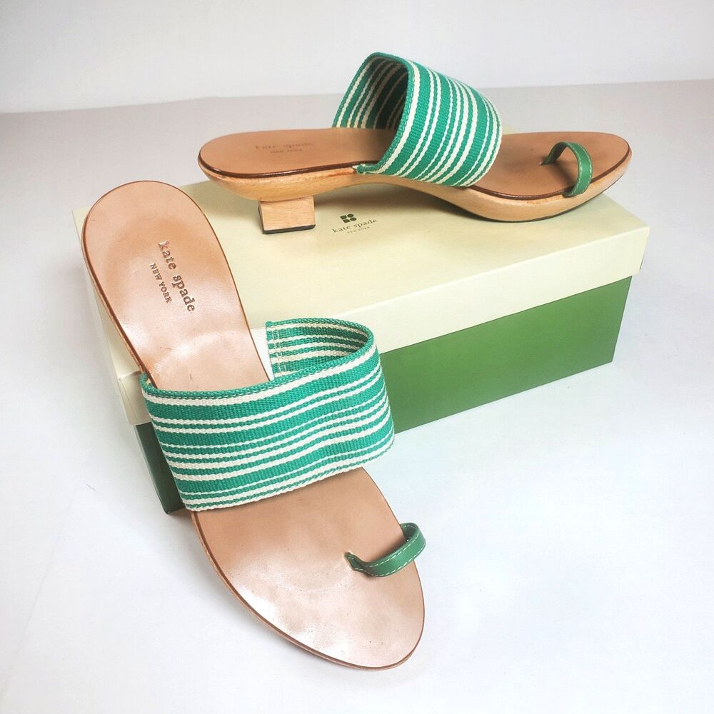 Vintage Kate Spade Women’s Sandals Size 7 Green Stripe Toe Ring Wooden Heel